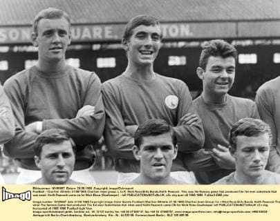 Football - Charlton Athletic 21 08 1965 Charlton team group. L to R. Mick Rose,Billy Bonds,Keith Peacock. This was the famous game that produced the 1st ever substitute that was used. Keith Peacock came on for Mick Rose (Goalkeeper) - left 