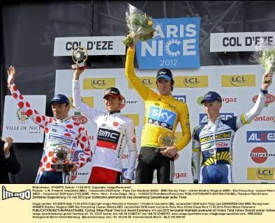 Podium : L-R: Frederik Veuchelen (BEL) - Vacansoleil DCM team - Tejay Van Garderen (USA) - BMC Racing Team - winner Bradley Wiggins (GBR) - Sky Procycling - Lieuwe Westra (NED) - Vacansoleil DCM team CYCLISME : Paris - Nice - 8 eme Etape - Nice - 11 03 2012 PhotoNews Panoramic 