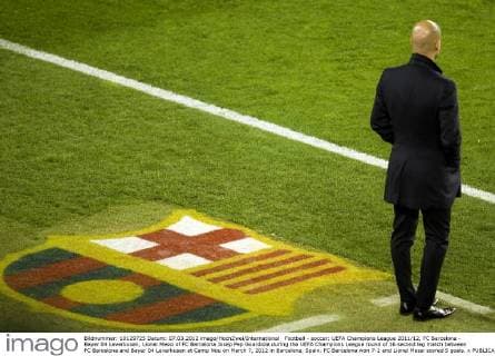 Football - soccer: UEFA Champions League 2011 12, FC Barcelona - Bayer 04 Leverkusen, Lionel Messi of FC Barcelona Josep Pep Guardiola during the UEFA Champions League round of 16 second leg match between FC Barcelona and Bayer 04 Leverkusen at Camp Nou on March 7, 2012 in Barcelona, Spain. FC Barcelona won 7-1 and Lionel Messi scored 5 goals. x 