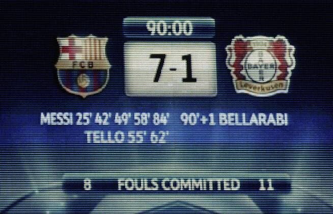 Football - soccer: UEFA Champions League 2011 12, FC Barcelona - Bayer 04 Leverkusen, The final scoreboard. UEFA Champions League round of 16 second leg match between FC Barcelona and Bayer 04 Leverkusen at Camp Nou on March 7, 2012 in Barcelona, Spain. FC Barcelona won 7-1 and Lionel Messi scored 5 goals. xHOCHxZWEIx xClevaxMediax 