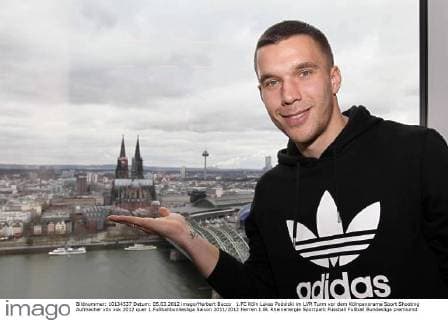 1.FC Köln Lukas Podolski im LVR Turm vor dem Kölnpanorama Sport