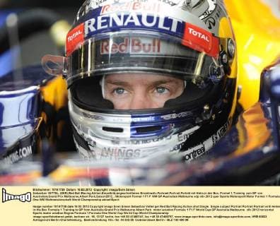 Sebastian VETTEL (GER),Red Bull Racing,Aktion,Einzelbild,angeschnittenes Einzelmotiv,Portraet,Portrait,Porträt mit Helm,in der Box, Formel 1,Training zum GP von Australien,Grand Prix Melbourne,Albert Park,Saison2012,
