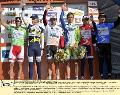 Sylvain Chavanel (FRA) Omega Pharma - Quick step - Alexander Kristoff - Tosh Van Der Sande - Andy Cappelle Lieuwe Westra et Maciej Bodnar CYCLISME : Trois Jours de La Panne - Etappe 3 - 29 03 2012 PhotoNews Panoramic 