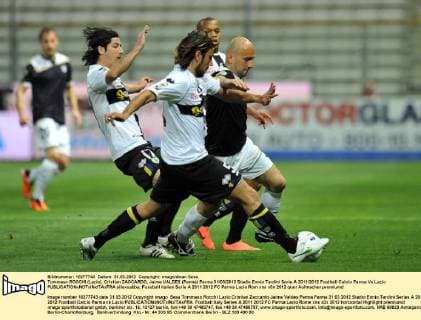 Tommaso ROCCHI (Lazio), Cristian ZACCARDO, Jaime VALDES (Parma) Parma 31 03 2012 Stadio Ennio Tardini Serie A 2011 2012 Football Calcio Parma Vs Lazio allexsabba