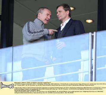 01-04-2012, Fussball, Saison 2011-2012, 1. Bundesliga, 28. Spieltag, 1899 Hoffenheim - FC Schalke 04 1-1, Spielerberater Roger Wittmann (li.) und Manager Horst Heldt (Schalke 04)