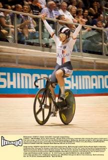 (120404) -- MELBOURNE, April 4, 2012 (Xinhua) -- Miriam Welte of Germany celebrates after winning the women s team sprint final race on day 1 of 2012 UCI Track Cycling World Championships in Melbourne, Australia on April 4, 2012. Germany claimed the title with 32.549 seconds. (Xinhua Bai Xue) AUSTRALIA-MELBOURNE-UCI TRACK CYCLING WORLD CHAMPIONSHIPS 