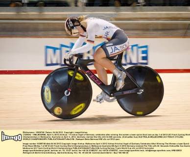 (120404) -- MELBOURNE, April 4, 2012 (Xinhua) -- Kristina Vogel of Germany celebrates after winning the women s team sprint final race on day 1 of 2012 UCI Track Cycling World Championships in Melbourne, Australia on April 4, 2012. Germany claimed the title with 32.549 seconds. (Xinhua Bai Xue) AUSTRALIA-MELBOURNE-UCI TRACK CYCLING WORLD CHAMPIONSHIPS 