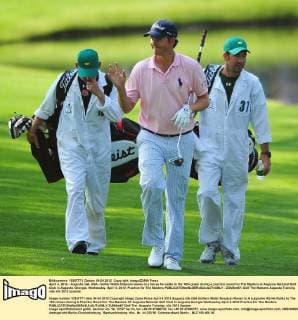 April 4, 2012 - Augusta, GA, USA - Golfer Webb Simpson waves to a fan as he walks to the 16th green during a practice round for The Masters at Augusta National Golf Club in Augusta, Georgia, Wednesday, April 4, 2012. Practice for The Masters - ZUMAm67