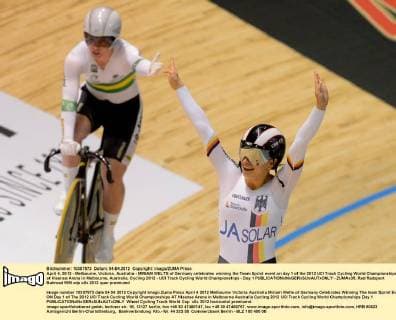 April 4, 2012 - Melbourne, Victoria, Australia - MIRIAM WELTE of Germany celebrates winning the Team Sprint event on day 1 of the 2012 UCI Track Cycling World Championships at Hisense Arena in Melbourne, Australia. Cycling 2012 - UCI Track Cycling World Championships - Day 1 - ZUMAx35