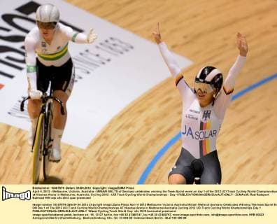 April 4, 2012 - Melbourne, Victoria, Australia - MIRIAM WELTE of Germany celebrates winning the Team Sprint event on day 1 of the 2012 UCI Track Cycling World Championships at Hisense Arena in Melbourne, Australia. Cycling 2012 - UCI Track Cycling World Championships - Day 1 - ZUMAx35