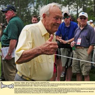 April 4, 2012 - Augusta, GA, USA - Golf legend Arnold Palmer gives the fans a thumbs up as he walks off the second green on the Par 3 course at Augusta National Golf Club in Augusta, Georgia, Wednesday, April 4, 2012. Palmer was joined by fellow legends Jack Nicklaus and Gary Player. Practice for The Masters - ZUMAm67