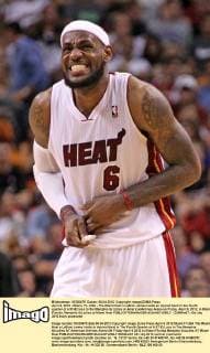 April 6, 2012 - Miami, FL, USA - The Miami Heat s LeBron James holds an injured hand in the fourth quarter of a 97-82 loss to the Memphis Grizzlies at AmericanAirlines Arena on Friday, April 6, 2012, in Miami, Florida. Memphis Grizzlies at Miami Heat - ZUMAm67
