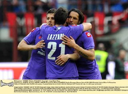 Jubel Stevan JOVETIC, Andrea LAZZARI, AMAURI (Fiorentina) Milano 07 04 2012 Stadio Giuseppe Meazza Serie A 2011 2012 Football Calcio Milan Vs Fiorentina allexsabba