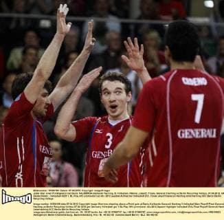 Jubel über einen Punktgewinn bei Denis KALIBERDA (Generali Haching, 3) Volleyball, Männer, playoff, Finale, Generali Haching vs Berlin Recycling Volleys, 07.04.2012, GER, Deutschland,