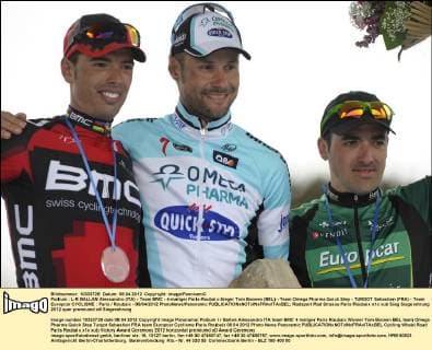 Podium : L-R BALLAN Alessandro (ITA) - Team BMC - 4-maliger Paris-Roubaix-Sieger Tom Boonen (BEL) - Team Omega Pharma Quick Step - TURGOT Sebastien (FRA) - Team Europcar CYCLISME : Paris Roubaix - 08 04 2012 PhotoNews Panoramic 