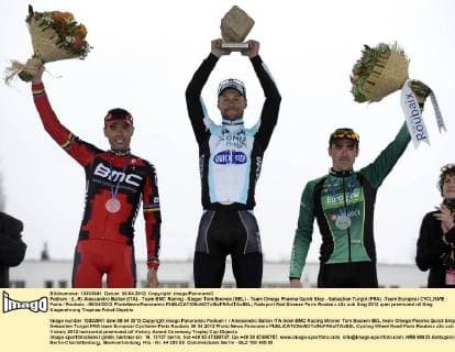 Podium : (L-R) Alessandro Ballan (ITA) - Team BMC Racing - Sieger Tom Boonen (BEL) - Team Omega Pharma Quick Step - Sebastien Turgot (FRA) -Team Europcar CYCLISME : Paris Roubaix - 08 04 2012 PhotoNews Panoramic 