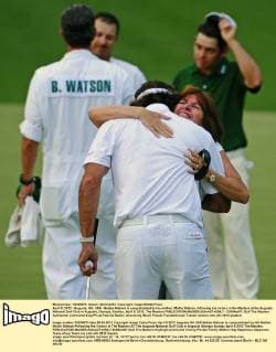 April 8, 2012 - Augusta, GA, USA - Bubba Watson is congratulated by his mother, Mollie Watson, following his victory in the Masters at the Augusta National Golf Club in Augusta, Georgia, Sunday, April 8, 2012. The Masters - ZUMAm67