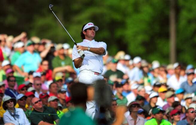 April 8, 2012 - Augusta, GA, USA - Bubba Watson watches his drive from the 12th tee box during the Masters at the Augusta National Golf Club in Augusta, Georgia, Sunday, April 8, 2012. The Masters - ZUMAm67