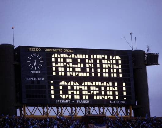 Argentina Campeon - Argentinien ist Weltmeister 1978 - verkündet die Anzeigetafel im Estadio El Monumental de River Plate in Buenos Aires