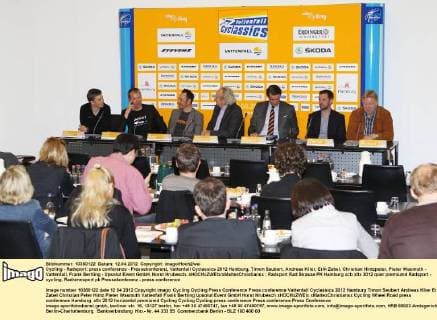 Cycling - Radsport: press conference - Pressekonferenz, Vattenfall Cyclassics 2012 Hamburg, Timon Seubert, Andreas Klier, Erik Zabel, Christian Hintzpeter, Pieter Wasmuth - Vattenfall, Frank Bertling - Upsolut Event GmbH, Horst Hrubesch, xHOCHxZWEIx xMaltexChristiansx