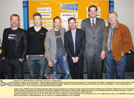 Cycling - Radsport: press conference - Pressekonferenz, Vattenfall Cyclassics 2012 Hamburg, Andreas Klier, Timon Seubert, Erik Zabel, Frank Bertling - Upsolut Event GmbH, Pieter Wasmuth - Vattenfall, Horst Hrubesch, xHOCHxZWEIx xMaltexChristiansx