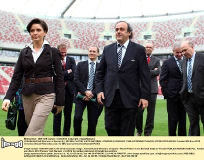 JOANNA MUCHA (Minister of Sports) (L), MICHEL PLATINI, VISITS NATIONAL STADIUM IN WARSAW  20120412CSLG0108