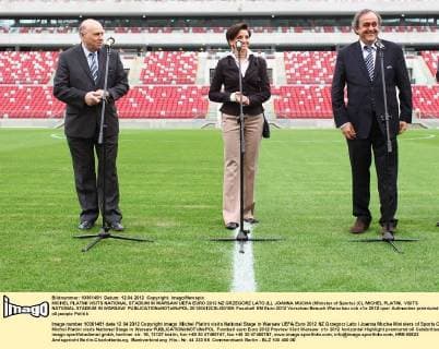 MICHEL PLATINI VISITS NATIONAL STADIUM IN WARSAW UEFA EURO 2012 NZ GRZEGORZ LATO (L), JOANNA MUCHA (Minister of Sports) (C), MICHEL PLATINI, VISITS NATIONAL STADIUM IN WARSAW  20120412CSLG0109
