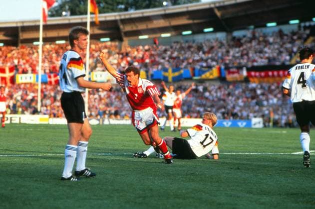 FOOTBALL : STOCKHOLM, 26 06 1992, EUROPEAN CHAMPIONSHIP FINAL, DENMARK V GERMANY. JOHN JENSEN CELEBRATES AFTER SCORING THE WINNING GOAL FOR DENMARK. 