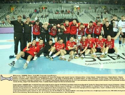 Zagreb, 14.04.2012. - Final match SEHA, Arena Zagreb, HC Vardar Pro Skopje (red) Veselin Vujovic, 2 Stojance Stilov, 3 Goce Ojleski, 4 Nikola Markoski, 6 Ratko Nikolic, 7 Marko Simovic, 8 Tihomir Doder, 9 Stevan Vujovic, 10 Milorad Kukoski, 11 Jan Sobol, 12 Strahinja Milic, 13 Vladimir Petric, 14 Vlatko Jovcevski, 17 Filip Lazarov, 18 Igor Karacic, 20 Ilija Abutovic, 32 Gradimir Canevski