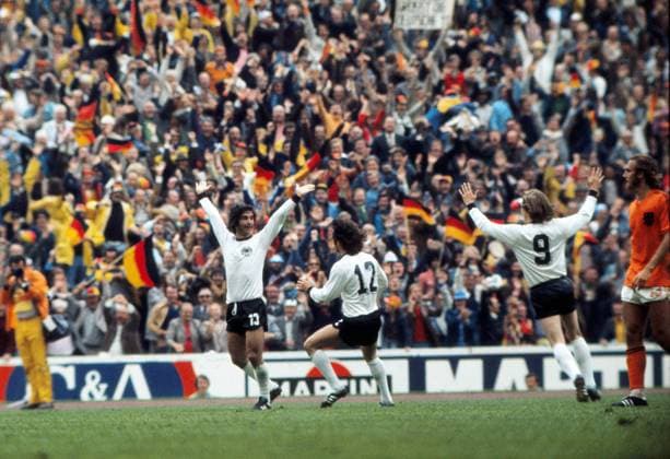 Football - 07 07 1974. West Germany v Holland. 1974 World Cup Final; Munich Gerd Muller (West Germany) celebrates scoring the winning goal. 