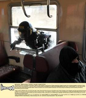 Riot-police practice of Pardubice and Liberec regions, Czech Republic, and Wroclaw, Poland, practiced in depot of trains how to intervene against violence in trains. Ceska Trebova, Czech Republic on April 18, 2012. (CTKxPhoto AlexandraxMlejnkova)  CTKPhoto6428