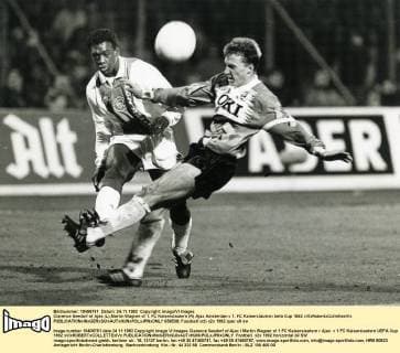 Clarence Seedorf of Ajax (L),Martin Wagner of 1. FC Kaiserslautern (R) Ajax Amsterdan v 1. FC Kaiserslautern Uefa Cup 1992 xVIxRobertxCollettexIVx 656538