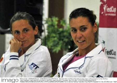Roberta Vinci and Flavia Pennetta during press conference prior to the Fed Cup match between Czech Republic and Italy in Ostrava, Czech republic, Thursday, April 19, 2012. (CTKxPhoto JaroslavxOzana)  CTKPhoto289201204190919301