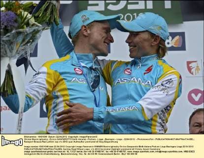 Winner Maxim Iglinskiy - Enrico GASPAROTTO (both Astana) - Podium - Liege - Bastogne - Liege - 22 04 2012 - PhotonewsxPan - 