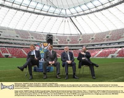 ZBIGNIEW BONIEK ; ANDRZEJ SZARMACH ; ADAM OLKOWICZ ; PEDRO COREEIA (L-R) ( POLAND EURO UEFA FOOTBALL ) - OFFICIAL PRESENTATION OF THE MODEL TICKET FOR EURO 2012  20120423CSMT8016
