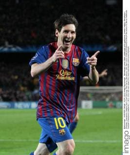 Barcelonas Lionel Messi celebrates with goalscorer Andres Iniesta..Barcelona v Chelsea, Champions League Semi Final 2nd Leg, Nou Camp, Barcelona. 24th April 2012. EDITORIAL USE ONLY. No use with unauthorised audio, video, data, fixture lists, club league logos or live services. Online in-match use limited to 120 images, no video emulation. No use in betting, games or single club league player publications.
