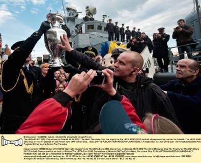 The UEFA EURO 2012 Cup arrives in Gdansk 24.04.2012. The Henri Delaunay Cup, the trophy for the UEFA EURO 2012 football championships, arrived to Gdansk. The UEFA EURO 2012 Cup arrives in Gdansk on the Polish Navy ORP Orkan Ship.. delu_240412 