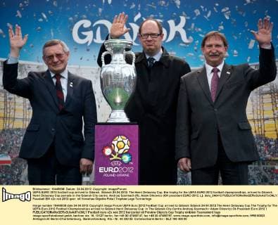 UEFA EURO 2012 football cup arrived to Gdansk. Gdansk 24.04.2012. The Henri Delaunay Cup, the trophy for the UEFA EURO 2012 football championships, arrived to Gdansk. Henri Delaunay Cup parrade in the Gdansk City centre. Andrzej Szarmach (R), Adam Olkowicz (OK president EURO 2012, L). delu_240412 
