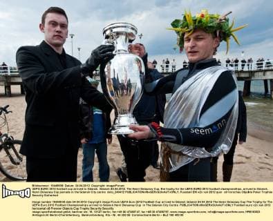 UEFA EURO 2012 football cup arrived to Gdansk. Gdansk 24.04.2012. The Henri Delaunay Cup, the trophy for the UEFA EURO 2012 football championships, arrived to Gdansk. Henri Delaunay Cup parrade in the Gdansk City centre delu_240412 