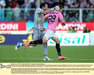 Esultanza dopo il gol di Marco Borriello (Juventus) con Gianluigi Buffon (Juventus) Goal Celebration Cesena 25 04 2012 Stadio Dino Manuzzi Serie A 2011 2012 Football Calcio Cesena Vs Juventus lucaxpagliaricci