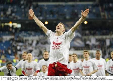 Bastian Schweinsteiger (Bayern 31) Jubel, Freude, Emotionen, Feiern, Lachen, jubelt, freuen, reisst die Arme hoch, ballt die Faust REAL MADRID - FC BAYERN MÜNCHEN Fussball UEFA Champions League, Halbfinale Rückspiel, Madrid, 25.04.2012 CL Saison 2011 2012, FCB, RM, München