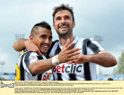 Mirko Vucinic Arturo VIDAL (Juventus) goal celebration Novara 29 04 2012 Stadio Silvio Piola Serie A 2011 2012 Football, Novara Clacio vs Juventus Turin, allexsabba