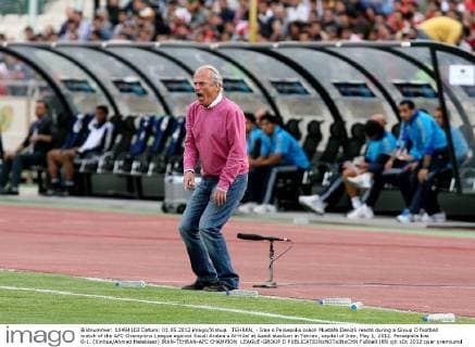 TEHRAN, - Iran s Persepolis coach Mustafa Denizli reacts during a Group D football match of the AFC Champions League against Saudi Arabia s Al-Hilal at Azadi stadium in Tehran, capital of Iran, May 1, 2012. Persepolis lost 0-1. (Xinhua Ahmad Halabisaz) IRAN-TEHRAN-AFC CHAMPION LEAGUE-GROUP D 