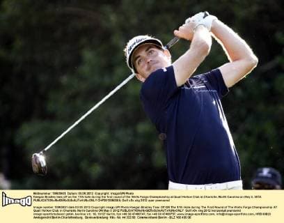 Keegan Bradley tees off on the 11th hole during the first round of the Wells Fargo Championship at Quail Hollow Club in Charlotte, North Carolina on May 3, 2012.  CHP2012050305