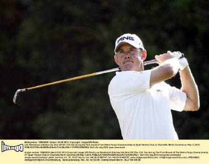 Lee Westwood watches his shot off the 11th tee during the first round of the Wells Fargo Championship at Quail Hollow Club in Charlotte, North Carolina on May 3, 2012.  CHP2012050308