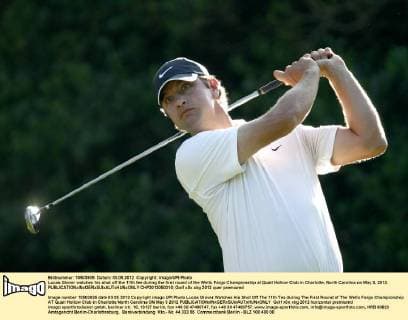 Lucas Glover watches his shot off the 11th tee during the first round of the Wells Fargo Championship at Quail Hollow Club in Charlotte, North Carolina on May 3, 2012.  CHP2012050310