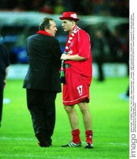 Football : UEFA Cup Final 2001.16 05 2001. Liverpool FC v Deportivo Alaves. Steven Gerrard with Manager, Gerard Hollier (Liverpool) after the match. 