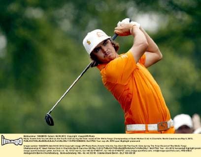 Ricky Fowler hits his tee shot on the fourth hole during the final round of the Wells Fargo Championship at Quail Hollow Club in Charlotte, North Carolina on May 6, 2012.  CHP2012050638