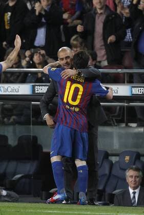 05-05-2012. Barcelona. Liga BBVA Spain. FC Barcelona vs. RCD Espanyol Barcelona -- Lionel Messi celebrate his four score of the match with Coach Josep Pep Guardiola. 