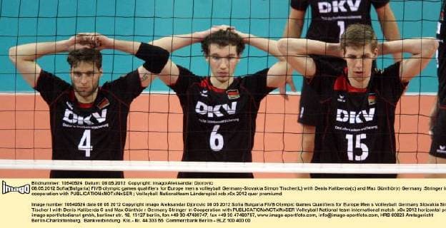 08.05.2012 Sofia(Bulgaria) FIVB olympic games qualifiers for Europe men s volleyball Germany-Slovakia Simon Tischer(L) with Denis Kaliberda(c) and Max Günthör(r) Germany :Stringer in cooperation with 